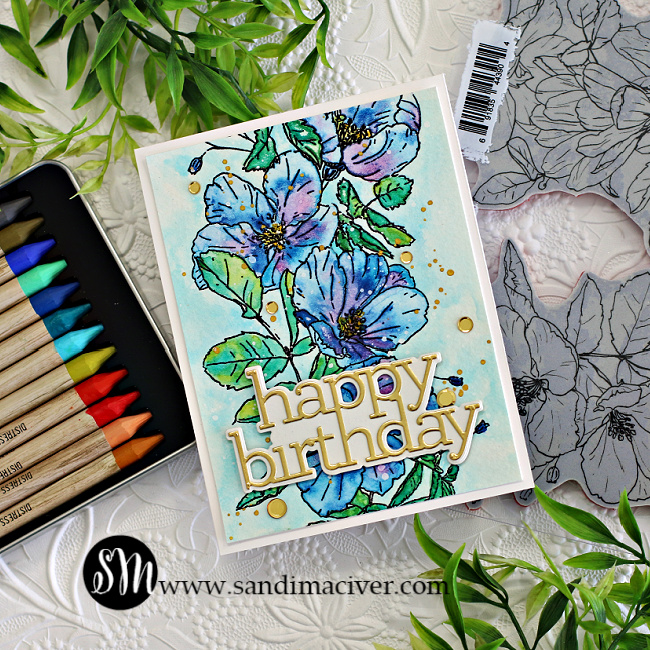 hand made greeting card with floral images and Distress watercolor Pencils from Tim Holtz and available at Simon Says Stamp