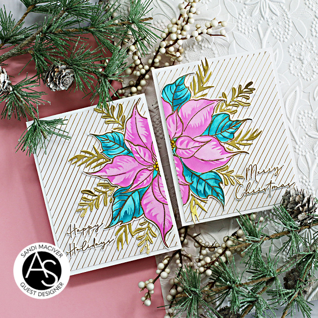 two hand made christmas cards with a large pink poinsettia and gold background created with new card making products from Alex Syberia Designs