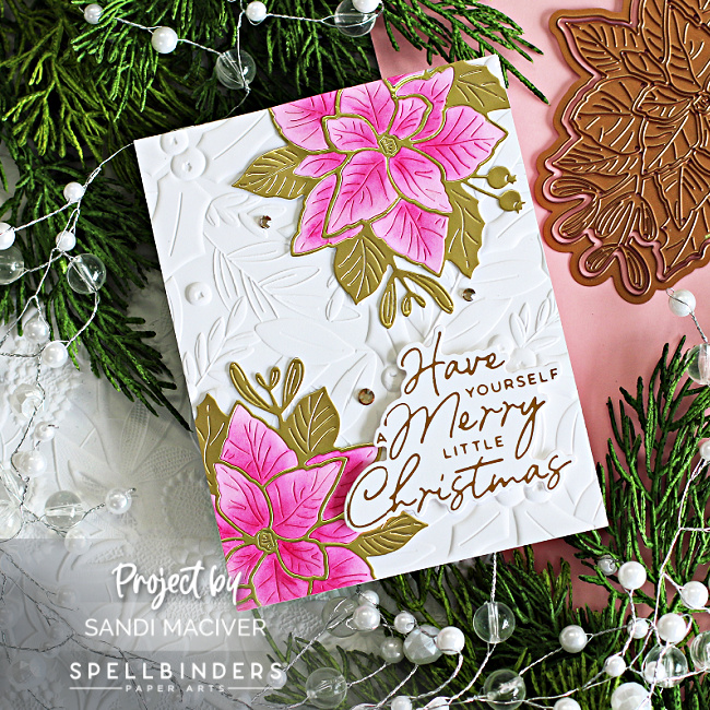 pink gold and white handmade christmas card with die cut pink poinsettias created with new card making supplies from Spellbinders