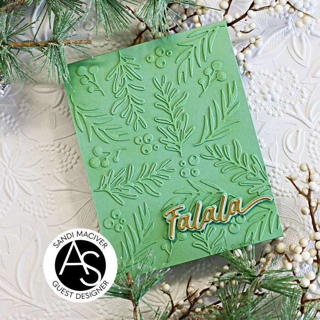 hand made green christmas cards with tone on tone die cut foliage and a gold sentiment created with new card making supplies from Alex Syberia Designs