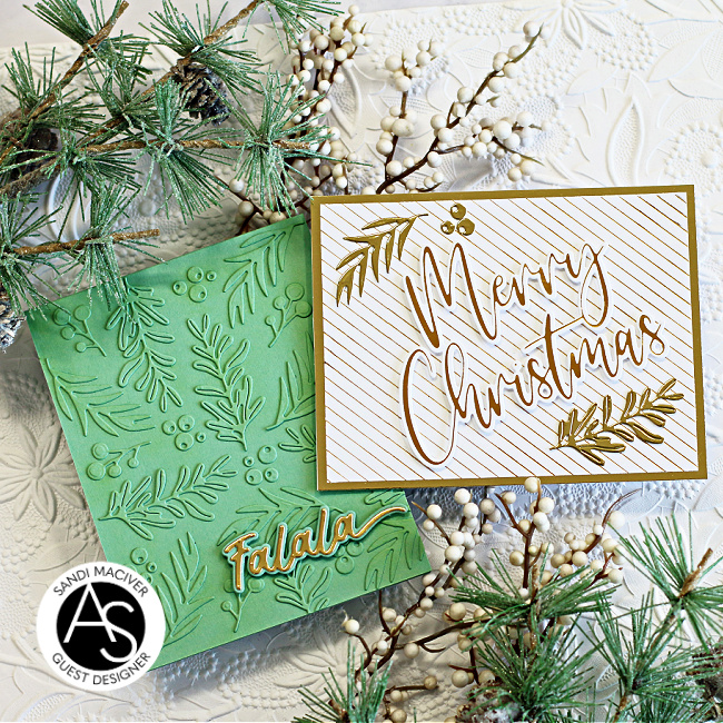 two clean and simple hand made christmas cards with glimmer foil and die cuts using new cardmaking supplies from Alex Syberia Designs