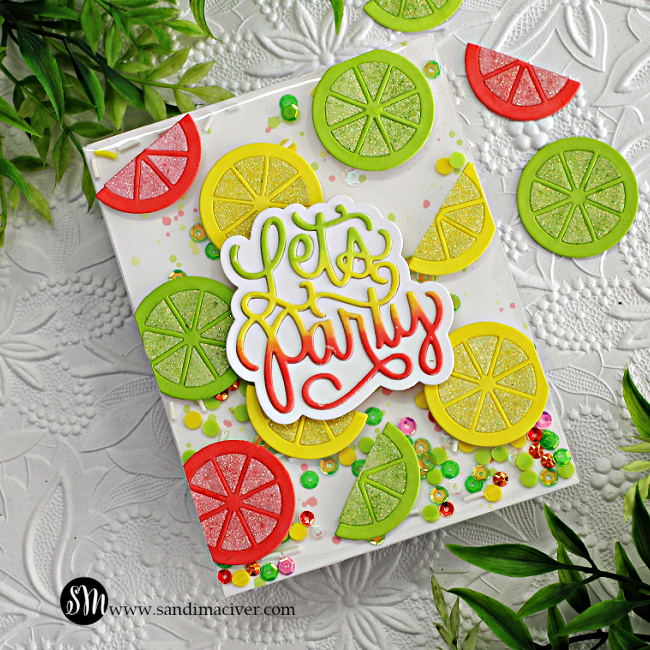 hand made shaker card with die cut citrus slices in lemon, lime and pink grapefruit created with new card making supplies from Simon Says Stamp.