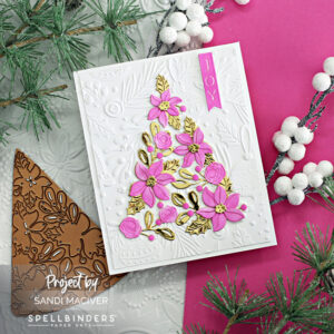 handmade white card with a gold and pink die cut christmas tree created with new card making dies from Spellbinders