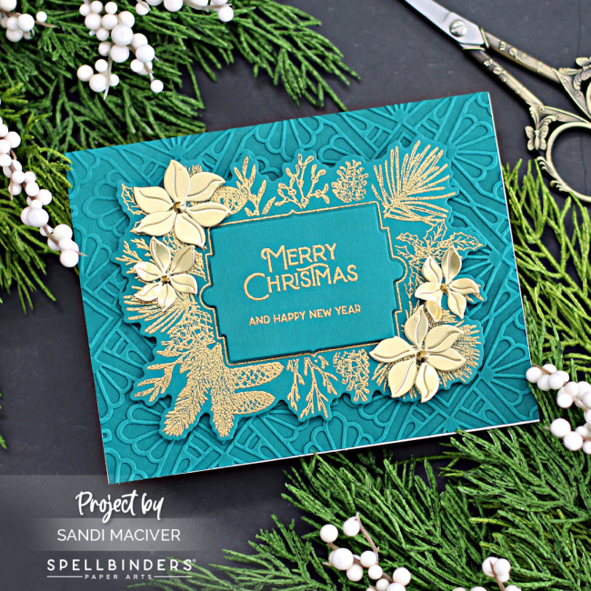 More Christmas Card Fun green and gold heat embossed christmas card using new card making supplies from Spellbinders