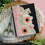 hand made greeting card in pink and black with large pink flowers and an embossed background created with new card making supplies from Spellbinders