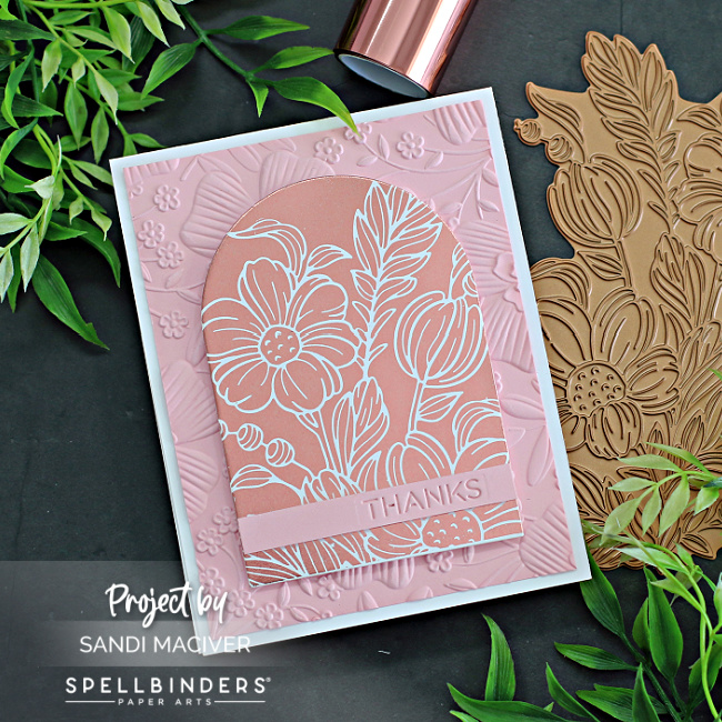 hand made greeting card with a rose gold glimmer foiled art piece created with new card making supplies from Spellbinders