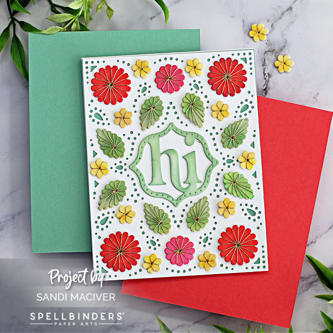 handmade greeting card with stitched flowers and leaves across the front created using new card making dies from Spellbinders