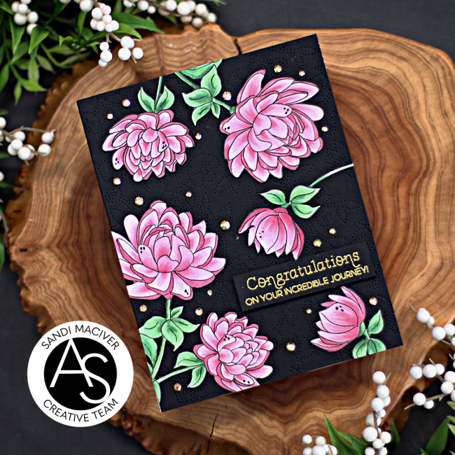 hand made black card with pink florals and a gold sentiment created with new card making supplies from Simon Says Stamp