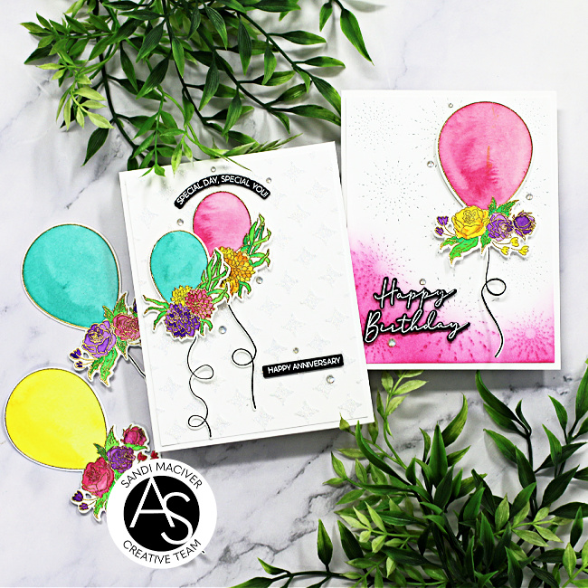 hand made greeting cards with watercolored balloons created with new card making products from Alex Syberia Designs