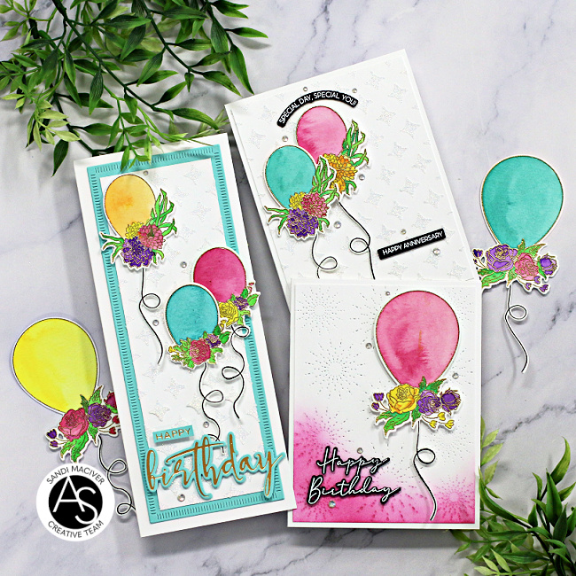 hand made cards with colored balloons created with new card making products from Alex Syberia Designs