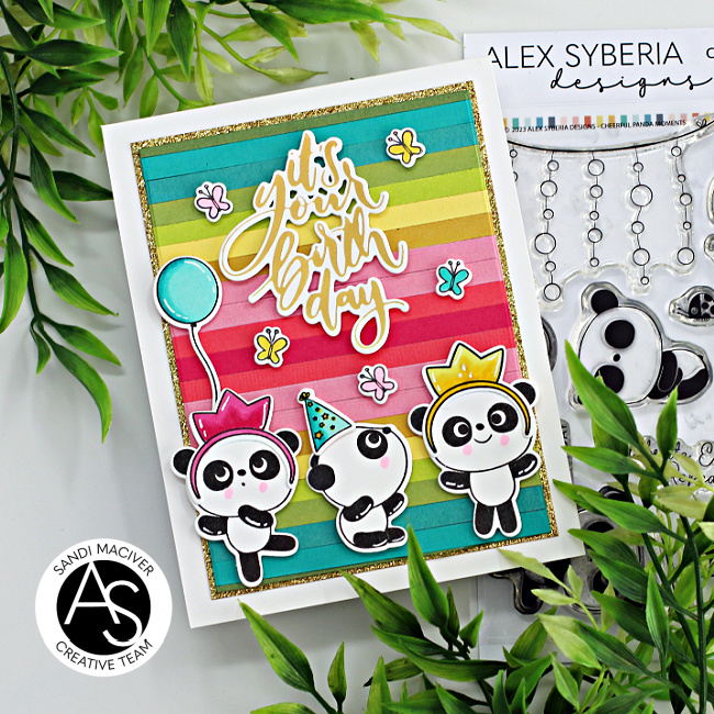 hand made birthday cards with a striped rainbow background and 3 pandas celebrating created with new card making supplies from Simon Says Stamp