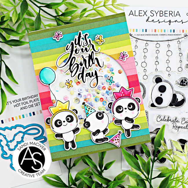 hand made shaker birthday with a rainbow background and partying pandas created with new card making supplies from Alex Syberia Designs