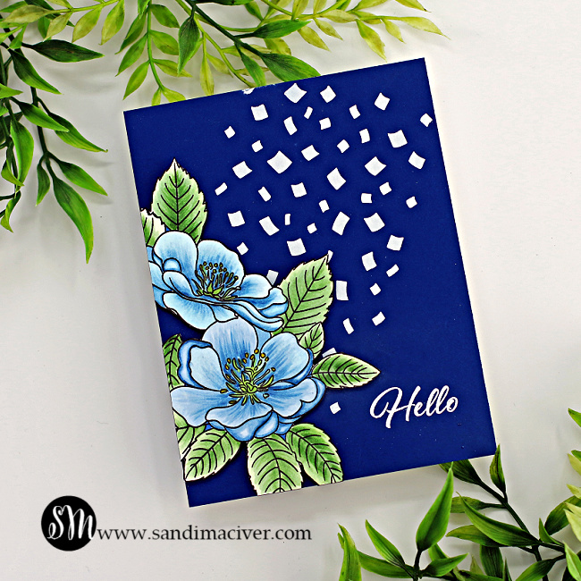 hand made card with copic colored roses in blues and greens created with new card making supplies from Simon Says Stamp