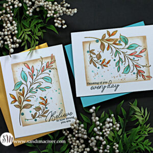 two hand made cards with gold embossed leaves created with new card making products from Simon Says Stamp