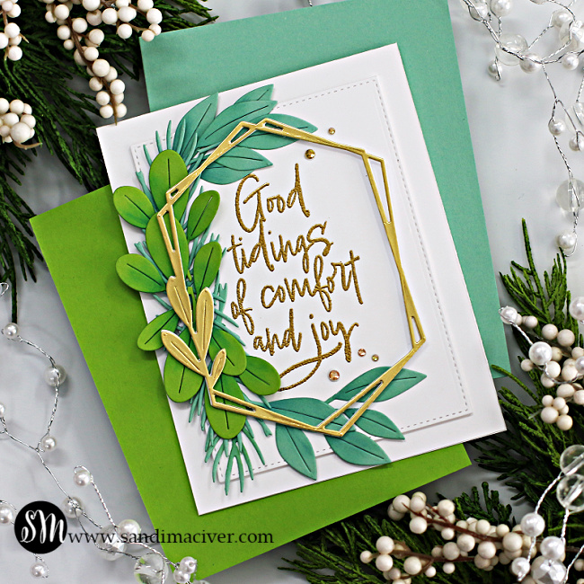 hand made christmas card with a gold frame and sentiment and leaf border, created with new card making supplies from Papertrey Ink