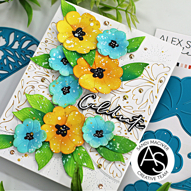 hand made birthday card with die cut flowers in yellow and blue created with new card making supplies from Alex Syberia Designs