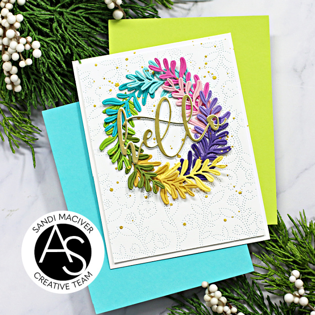 hand made wreath with a rainbow wreath created with new card making supplies from Simon Says Stamp