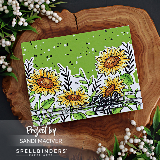 hand made thank you card with yellow sunflowers on a green background created with card making supplies from Spellbinders