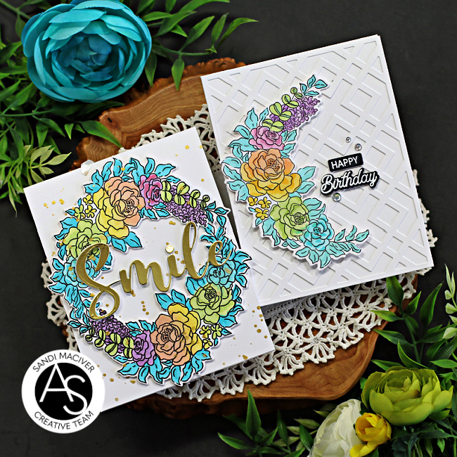 floral cards with a large rainbow of flowers created with new card making products from Alex Syberia Designs