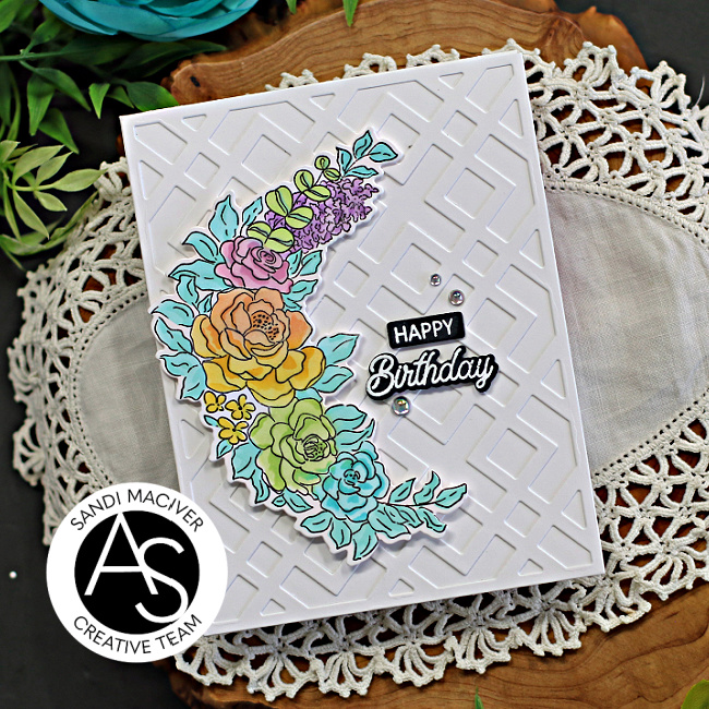 floral cards with a large rainbow of flowers created with new card making products from Alex Syberia Designs