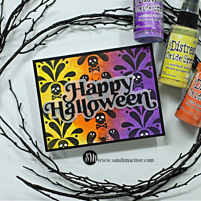 hand made halloween card in yellow orange and purple created with card making supplies from simon says stamp