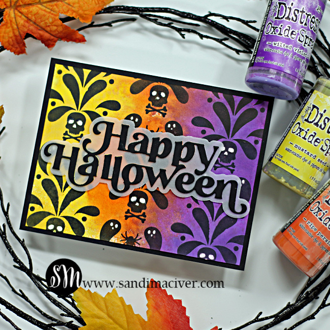 hand made halloween card in yellow orange and purple created with card making supplies from simon says stamp