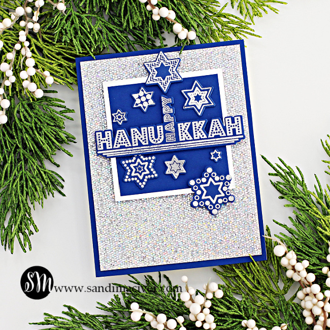 hand made hanukkah card in silver and blue created with card making supplies from Simon Says Stamp