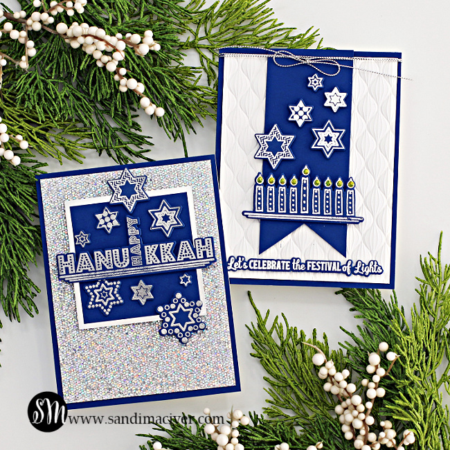 two hand made greeting cards in Blue White and silver celebrating Hanukkah using card making supplies from Simon Says Stamp