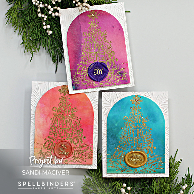 three watercolor christmas cards with the Spellbinders betterpress plate for October