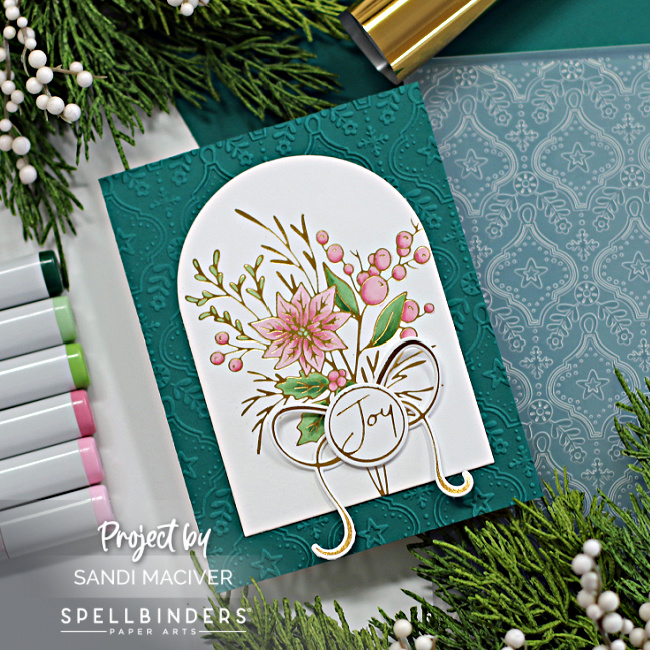 pink and green christmas card with a glimmer foiled poinsettia bouquet created with cardmaking products from Spellbinders 