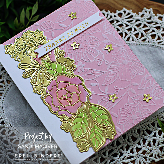 pink white and gold die cut hand made card created with new card making supplies from Spellbinders