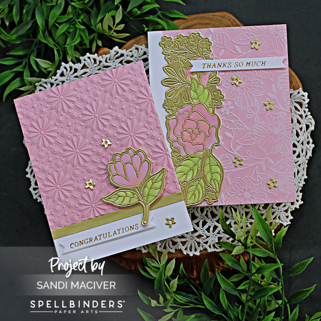 two handmade thank you cards in pink and white with gold highlights created with new card making products from Spellbinders