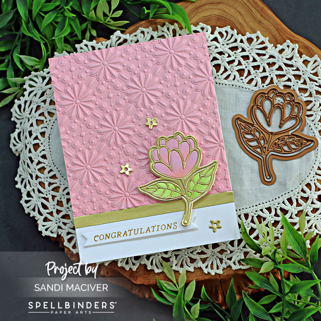 pink white and gold die cut hand made card created with new card making supplies from Spellbinders