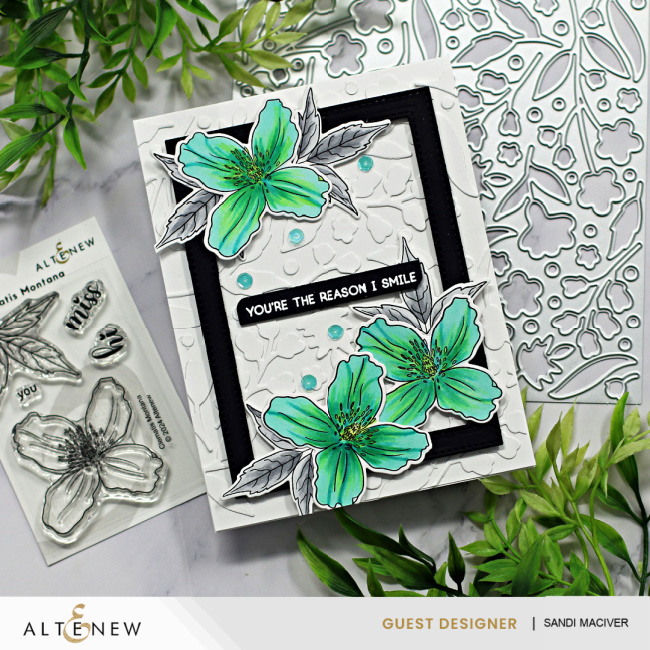 Altenew Clamatis Montana hand made card with teal flowers and gray leaves using new card making supplies from Altenew