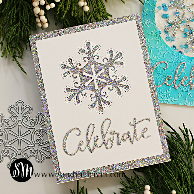 hand made winter card with a glitter background and snowflake on a white card created with new card making supplies from Simon Says Stamp