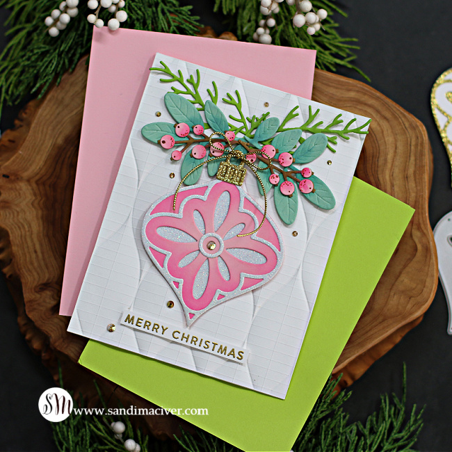 hand made christmas card with a pink and white die cut ornament created with new card making products from Simon Says Stamp