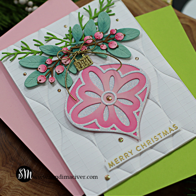 hand made christmas card with a pink and white die cut ornament created with new card making products from Simon Says Stamp