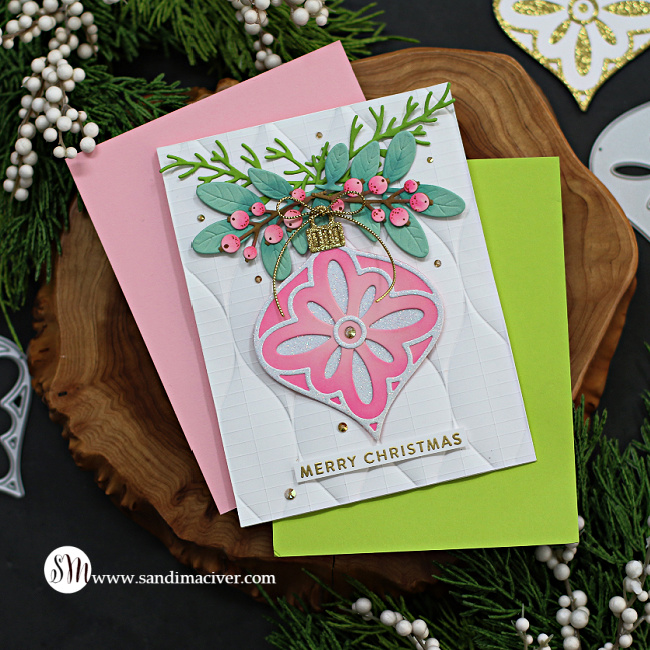 hand made christmas card with a pink and white die cut ornament created with new card making products from Simon Says Stamp