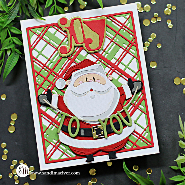 hand made christmas card with a die cut santa created with die cutting supplies from Simon Says Stamp