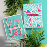 two hand made cards in teal and pink using new card making products from Spellbinders