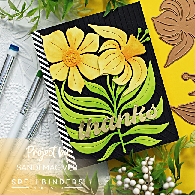 hand made greeting card with yellow tulips on a black background created with new card making supplies from Spellbinders