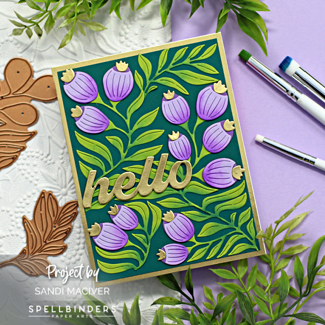 hand made greeting card with green leaves and purple Berries created using new card making products from Spellbinders 