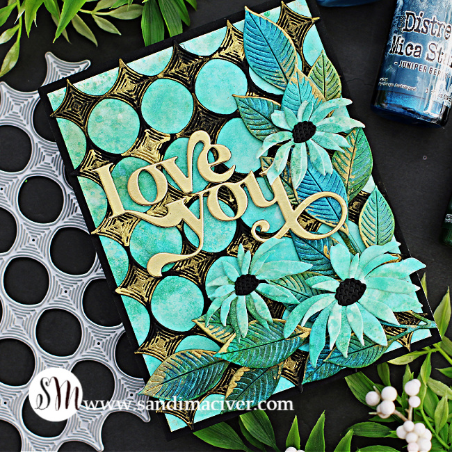 hand made greeting card in blues greens and black with flowers and leaves created with new card making products from Simon Says Stamp