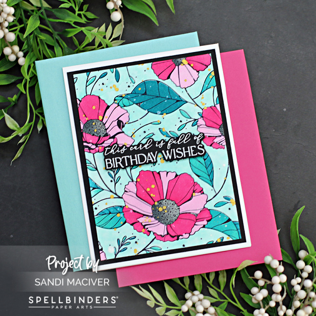 floral birthday card with large pink flowers and turquoise leaves created with new card making supplies from Spellbinders