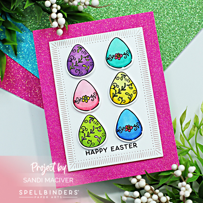 hand made easter card with colored eggs created with new card making supplies from Spellbinders