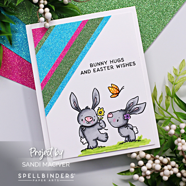 hand made easter card with gray bunnies created with card making supplies from Spellbinders