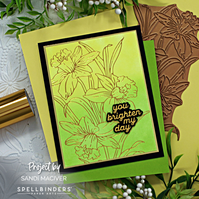 handmade Easter card in yellow and green with a gold foiled bouquet of daffodils, created with new card making supplies from Spellbinders 