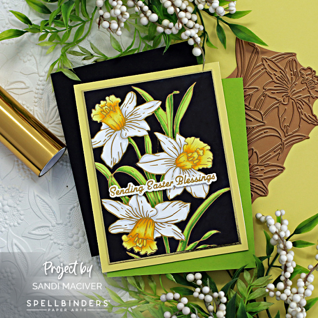 hand made Easter Card with white and yellow daffodils on a black background created with new card making supplies from Spellbinders