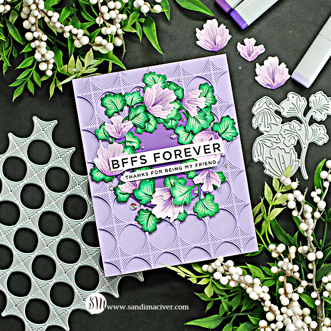 purple hand made card with purple flowers and green leaf wreath created with card making supplies from Simon Says Stamp