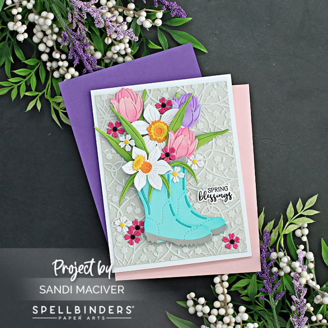 hand made spring card with turquoise rain boots filled with pretty spring tulips and daffodils, created with new card making supplies from Spellbinders 